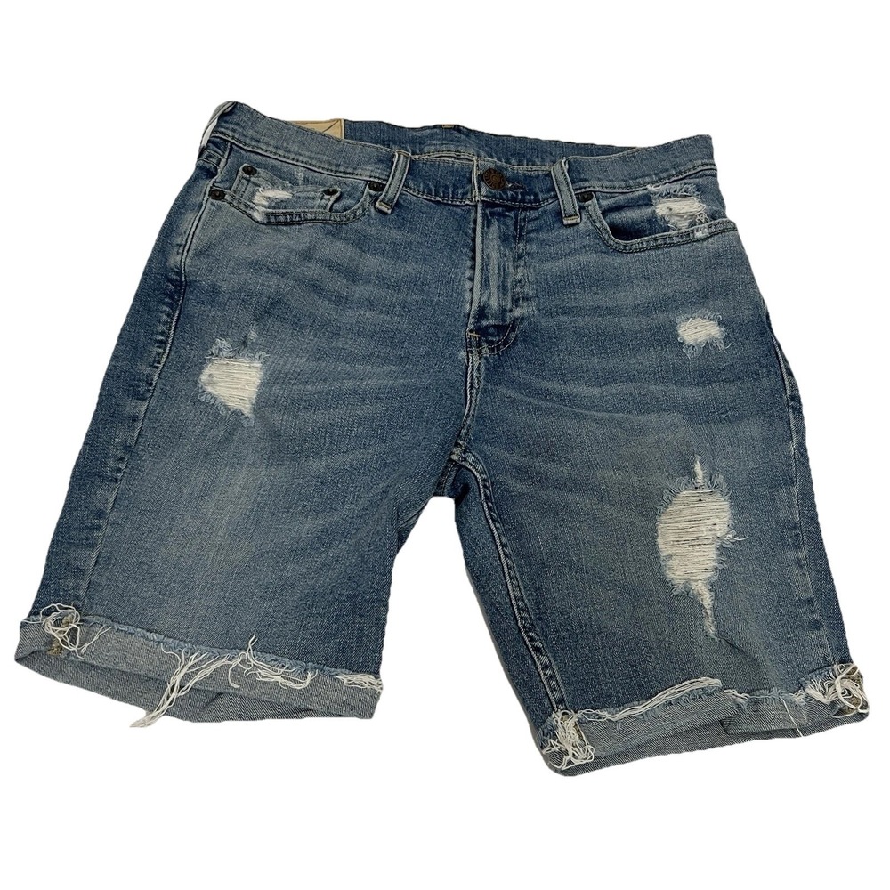 Hollister Medium Wash Blue Men 30 Denim Shorts Cuffed Hem Distressed Ripped Torn
